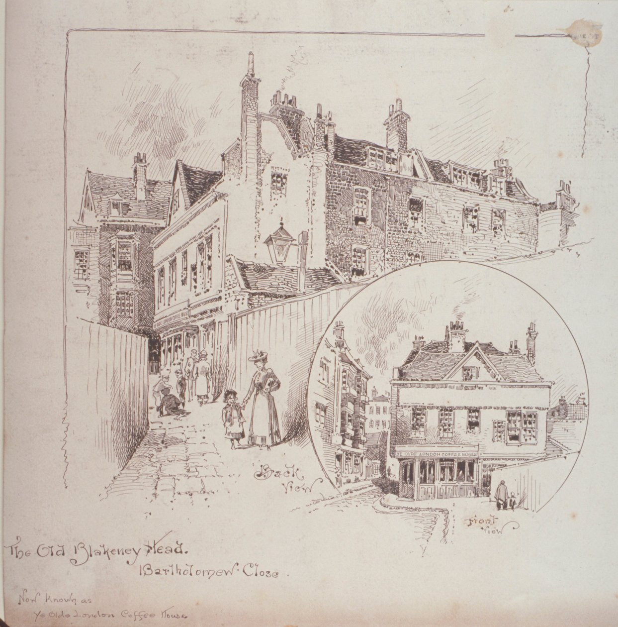 Az Old Blakeney Head Inn hátulnézete, Bartholomew Close, London, 1900 körül alkotó: Robert Randoll