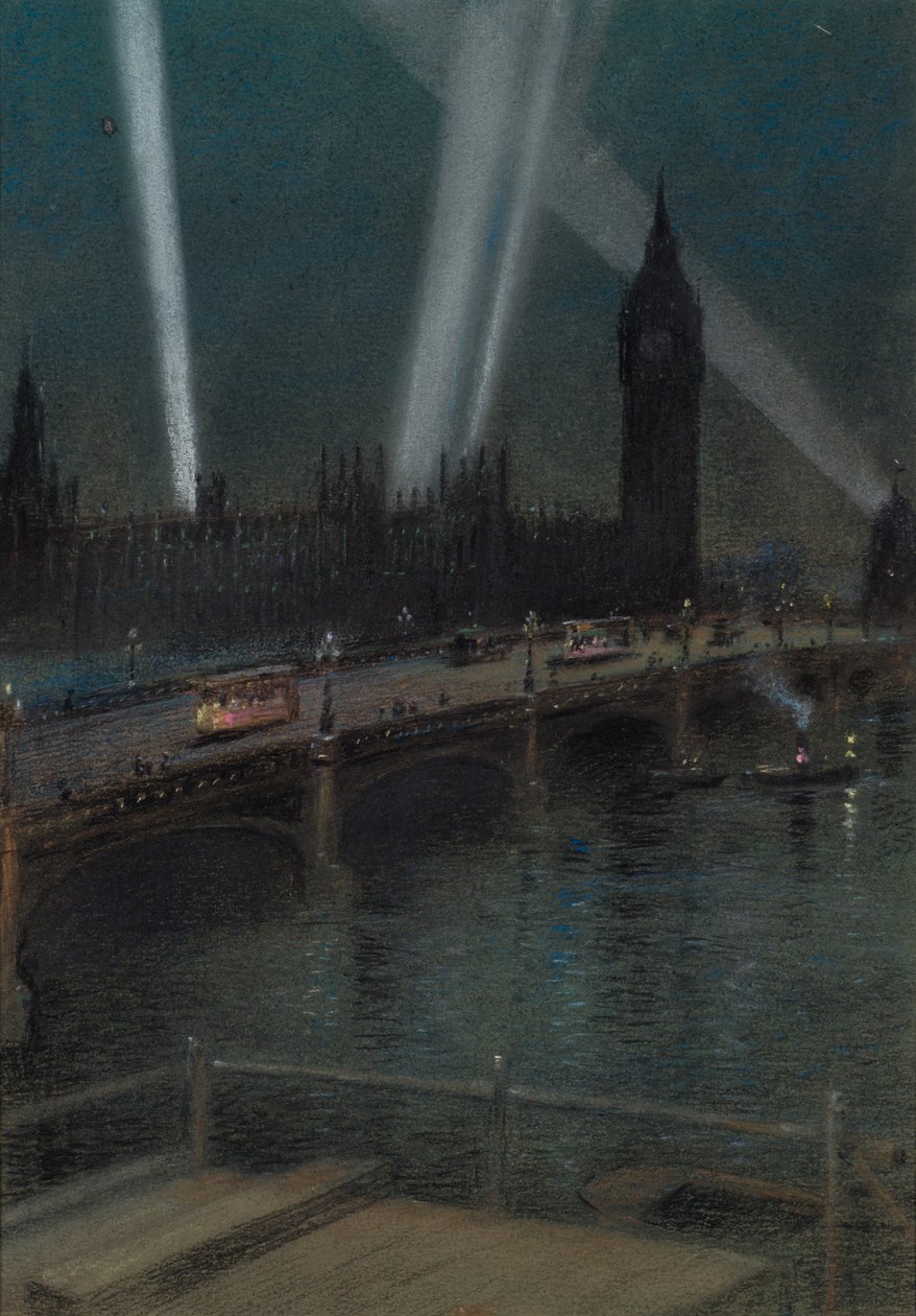 Háborús keresőlámpák a Westminster híd felett alkotó: Robert Randoll
