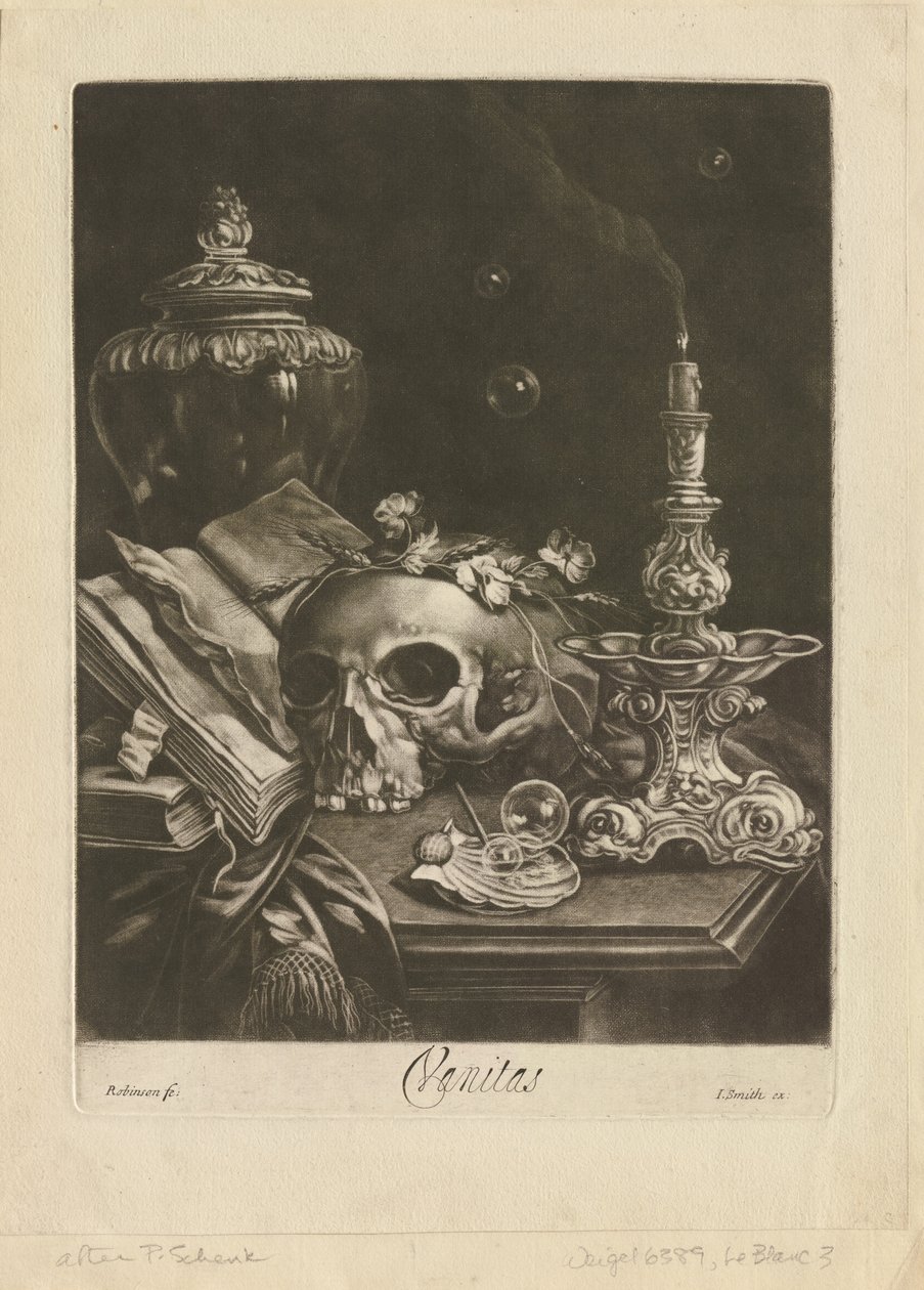 Vanitas csendélet, 1685-88 körül (mezzotint beégetéssel) alkotó: Robert Robinson