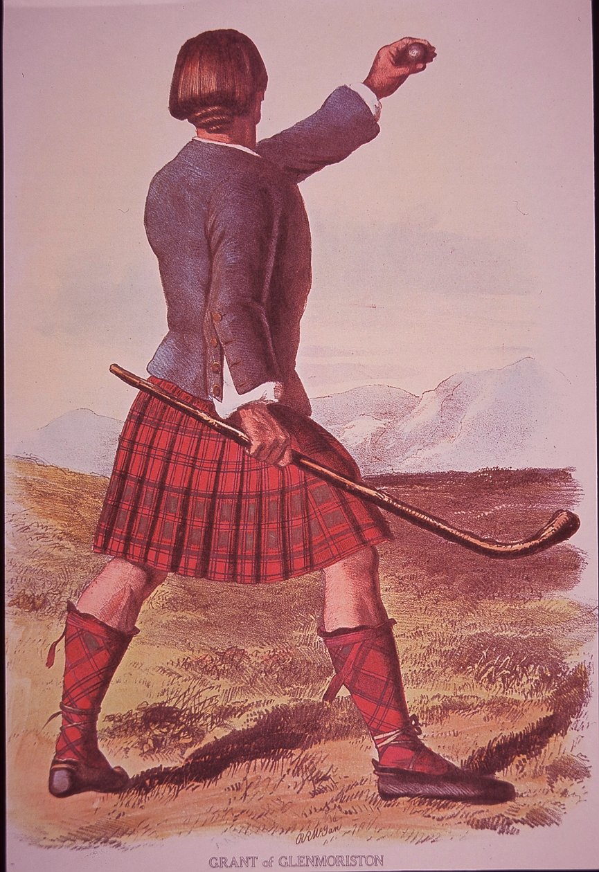 Grant of Glenmoriston klánja shinty-t játszik (színes litho) alkotó: Robert Ronald (after) McIan