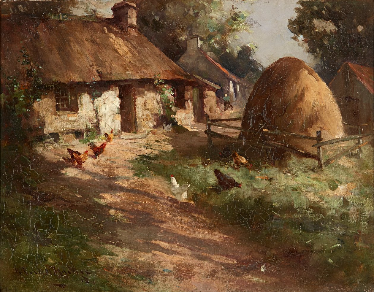 Tyúkok szénakazal mellett (olaj, vászon) alkotó: Robert Russell MacNee