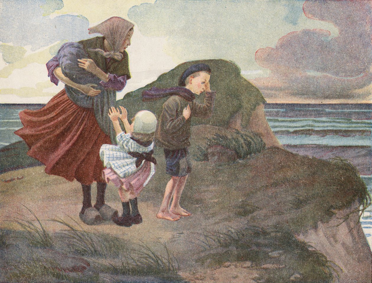 Egy halász családja aggódva várja hazatérését a vihar előtt (színes litográfia) alkotó: Robert Salles