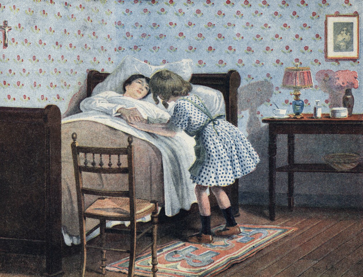 Egy kislány beteg édesanyja ágyánál várja a háborút. Illusztráció: Robert Salles (1871-1929) a „Je sais Lire” c. alkotó: Robert Salles