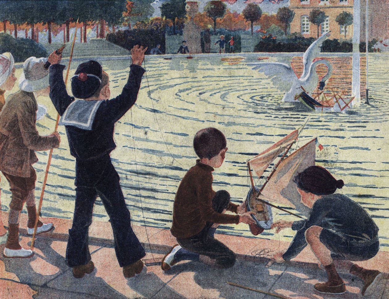 Egy hattyú megtámadja egy gyerek csónakját, aki egy park medencéjében játszott társaival. Illusztráció: Robert Salles (1871-1929) a „Je sais Lire” c. alkotó: Robert Salles