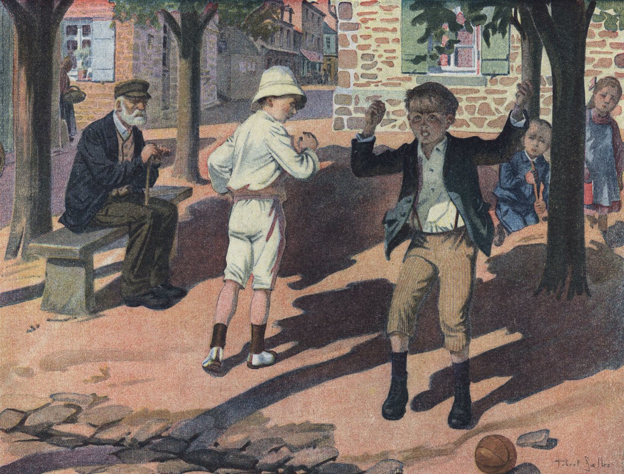 Egy fiatal fiú dühös lesz a társaival való játék közben (rossz játékos). Illusztráció: Robert Salles (1871-1929) a „Je sais Lire” c. alkotó: Robert Salles