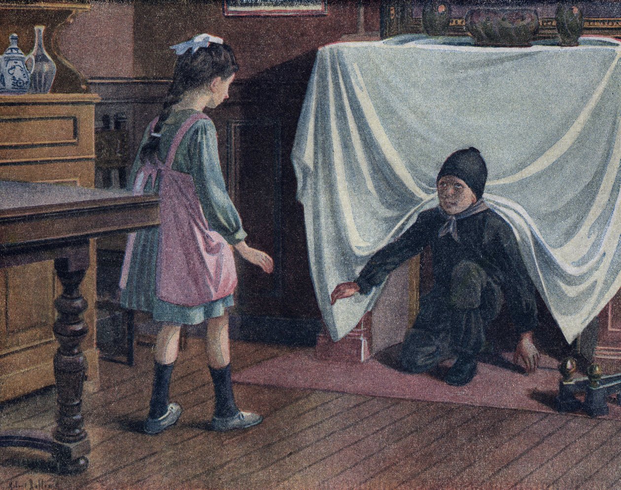 Fiatal kormos kémény hagyja el a kéményt lepedővel letakarva. Megijeszt egy kislányt, aki azt hiszi, hogy ő az ördög. Illusztráció: Robert Salles (1871-1929) a „Je sais Lire” c. alkotó: Robert Salles