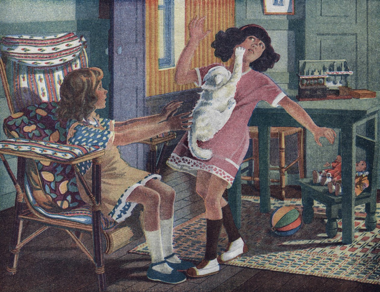 Annette kis macskája: egy fehér macska karmolja a barátjával játszó kislány arcát. Illusztráció: Robert Salles (1871-1929) a „Je sais Lire” c. alkotó: Robert Salles