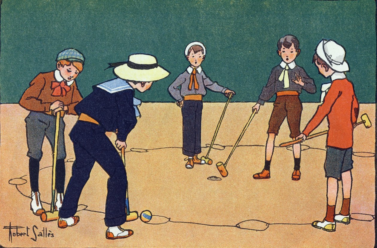 Ball by óra (ügyességi játék labdákkal és kalapáccsal). Gravírozás „”-be Mit játszunk? E. Weber „” Robert Salles (1871-1929) akvarell rajzaival. Librairie Garnier Freres, Párizs alkotó: Robert Salles