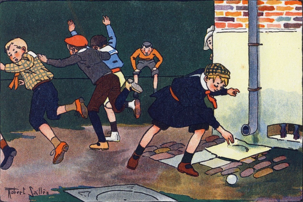 Golyó a falhoz. Gravírozás „”-be Mit játszunk? E. Weber „” Robert Salles (1871-1929) akvarell rajzaival. Librairie Garnier Freres, Párizs alkotó: Robert Salles