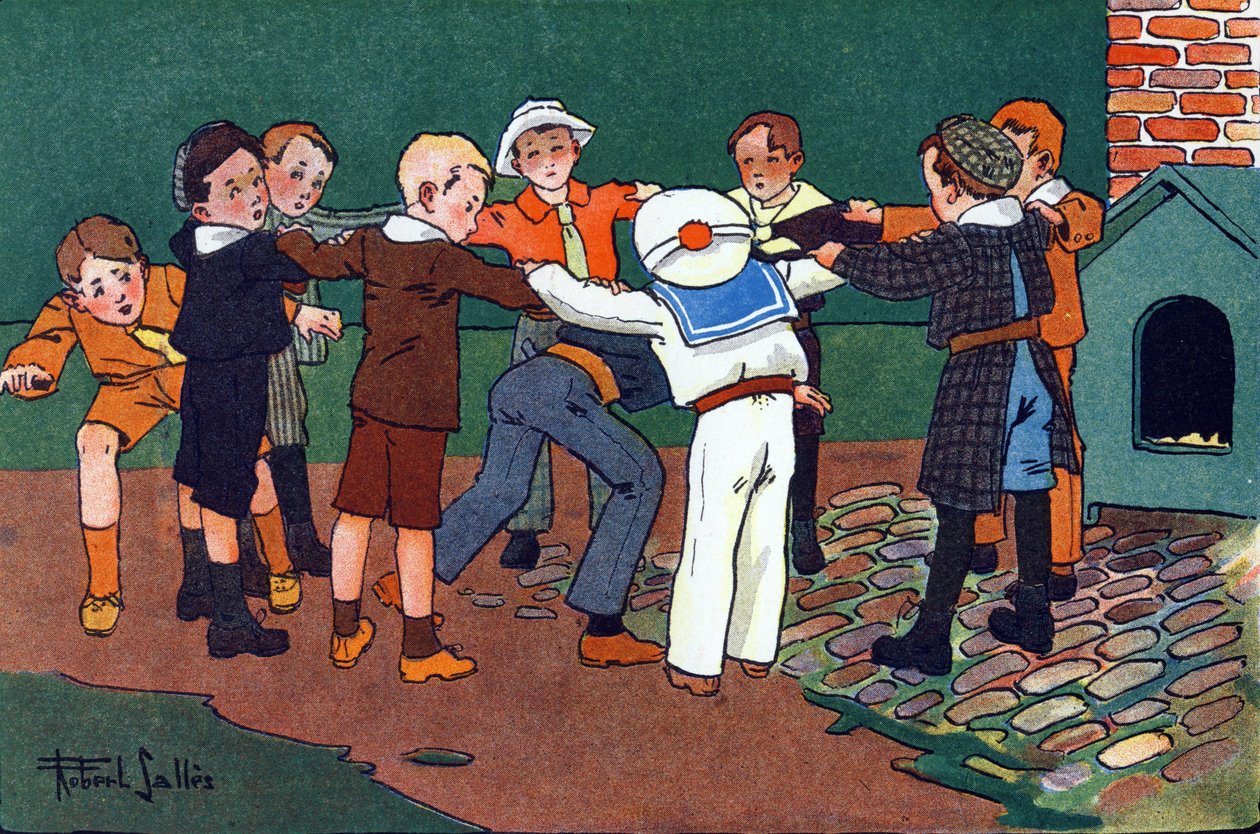Macska és egér. Gravírozás „”-be Mit játszunk? E. Weber „” Robert Salles (1871-1929) akvarell rajzaival. Librairie Garnier Freres, Párizs alkotó: Robert Salles