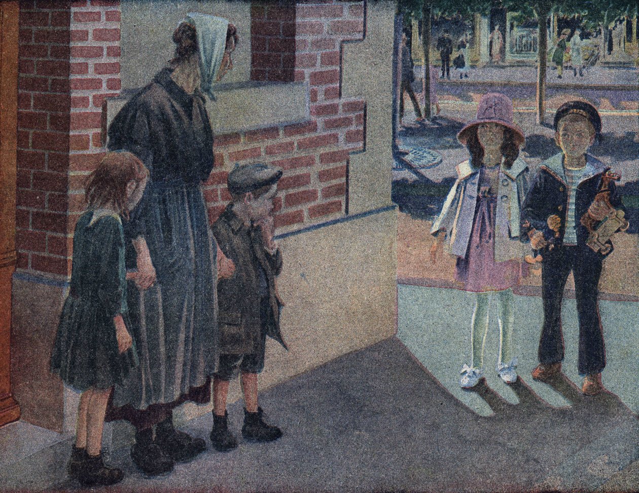 Jótékonyság: egy anya és két gyermeke alumone-t kér egy kisfiútól és egy kislánytól az utcán, akik odaadják a megtakarításaikat és a játékaikat. Illusztráció: Robert Salles (1871-1929) a „Je sais Lire” c. alkotó: Robert Salles