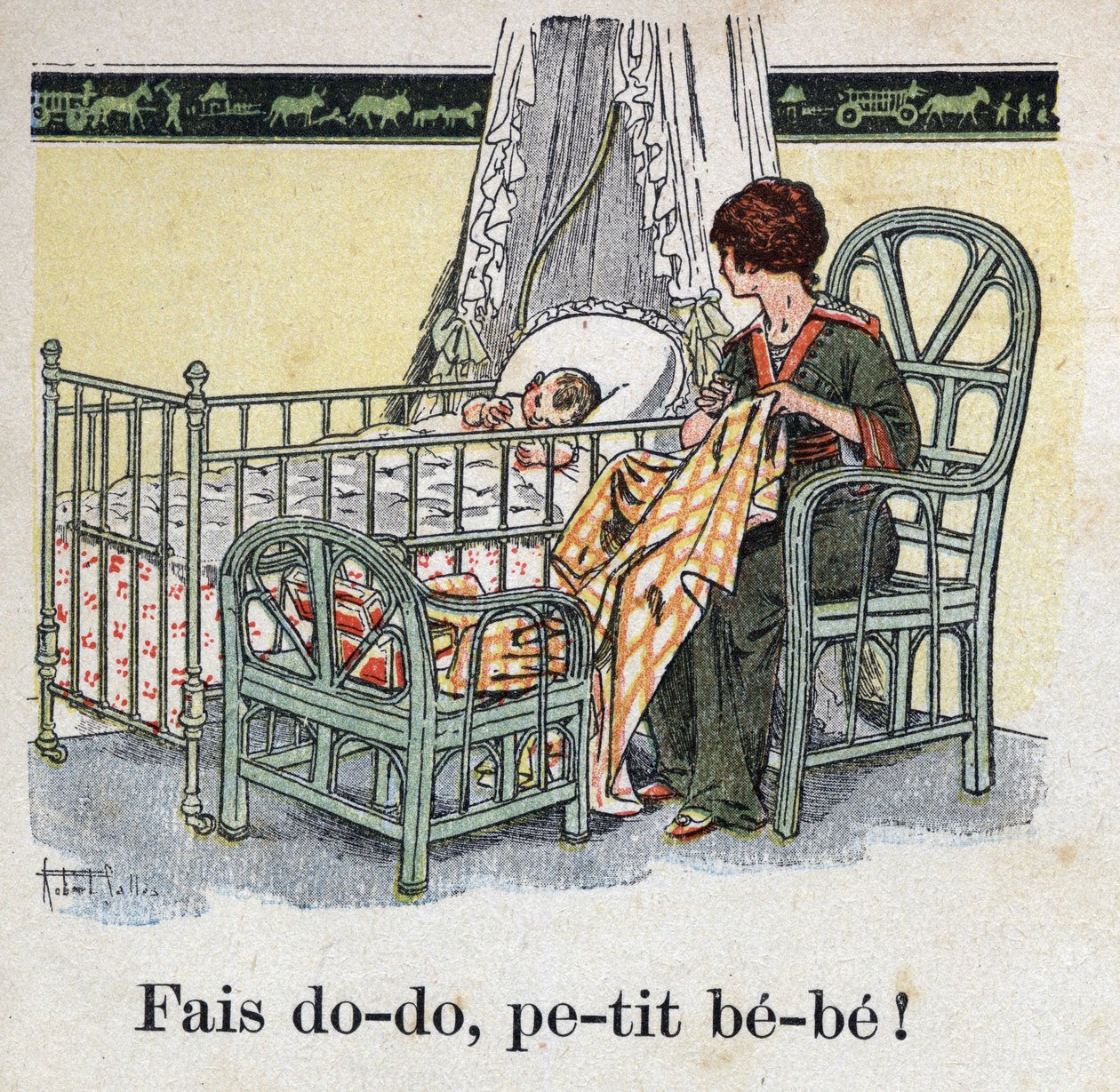 Gyermekkönyv „” El fogom olvasni – Módszeres és szórakoztató ábécé egy apától””” 1926. Illusztráció: Robert Salles (1871-1929). "" Aludj kicsim! "". Egy anya a gyermeke szobájában varr, és várja, hogy babája elaludjon. alkotó: Robert Salles