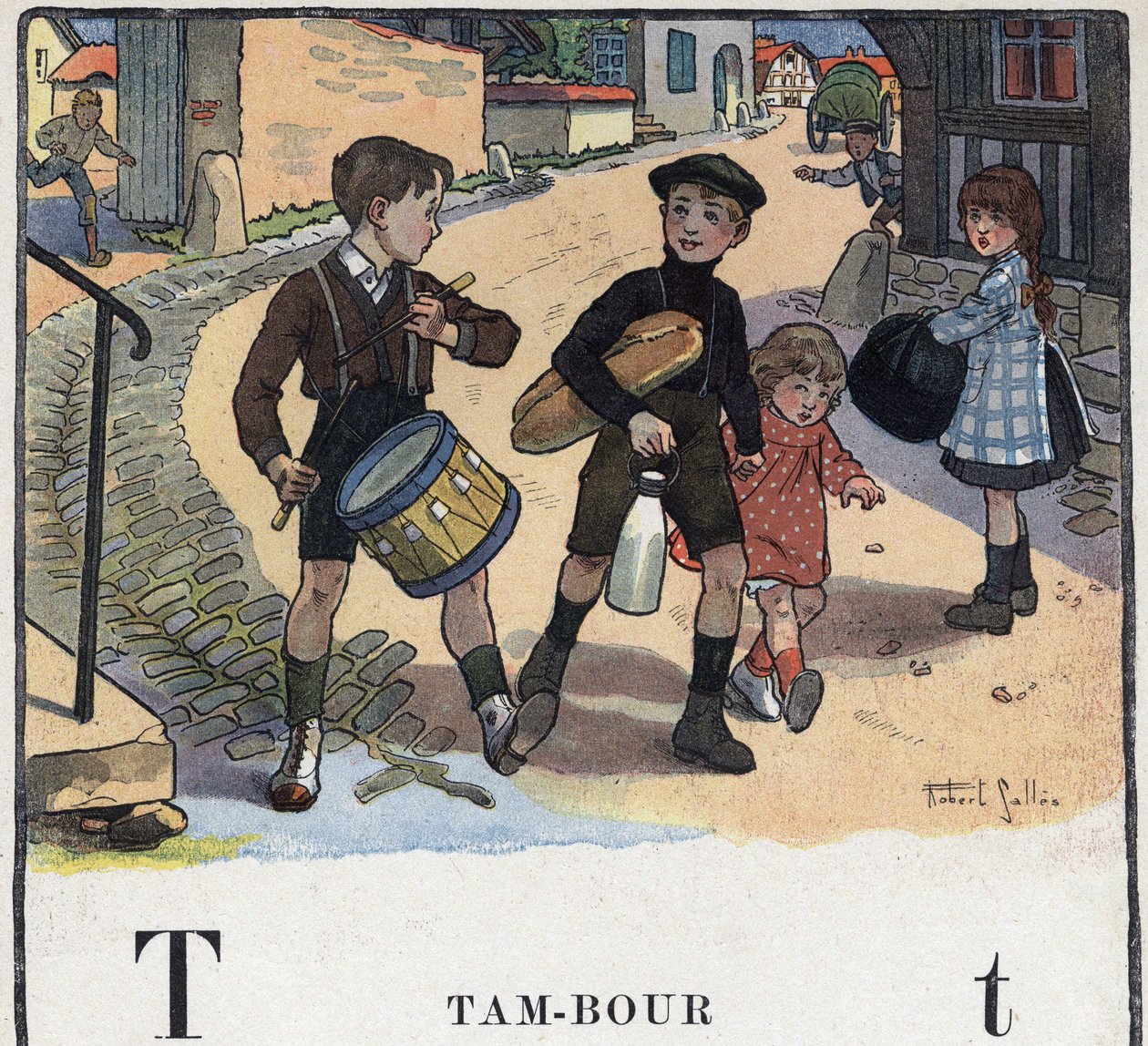 Gyermekkönyv „” El fogom olvasni – Módszeres és szórakoztató ábécé egy apától””” 1926. Illusztráció: Robert Salles (1871-1929). Abecedary: T betű mint Dob. alkotó: Robert Salles