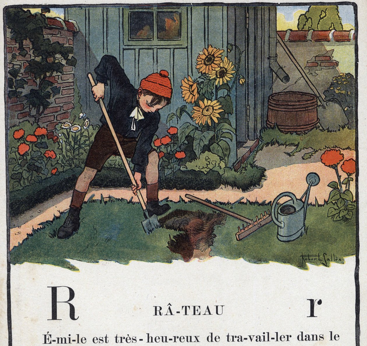 Gyermekkönyv „” El fogom olvasni – Módszeres és szórakoztató ábécé egy apától””” 1926. Illusztráció: Robert Salles (1871-1929). Abecedaire: R betű gereblyeként. Egy fiúkert a háza kertjében. alkotó: Robert Salles