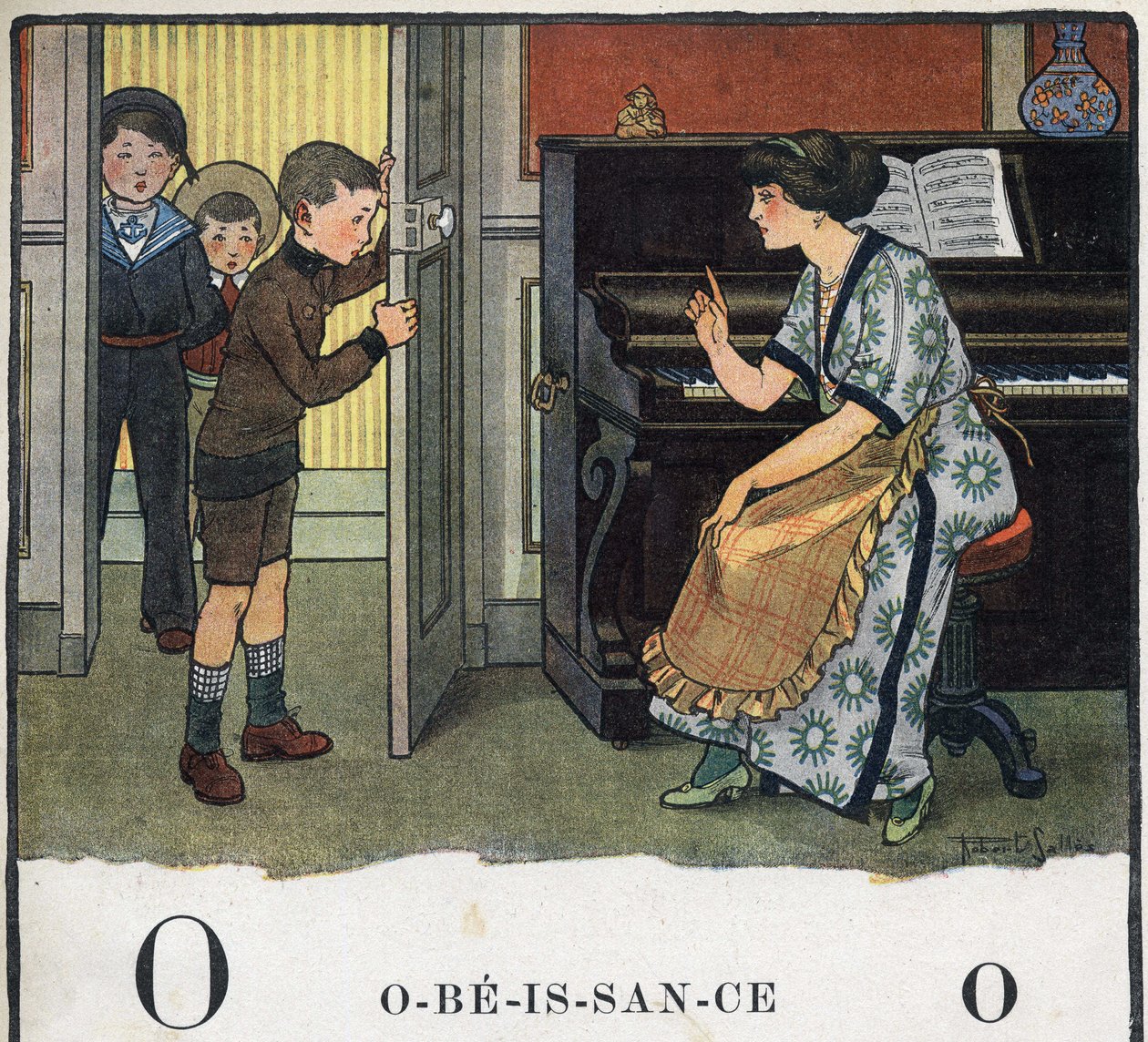 Gyermekkönyv „” El fogom olvasni – Módszeres és szórakoztató ábécé egy apától””” 1926. Illusztráció: Robert Salles (1871-1929). Abecedary: O betű, mint engedelmesség. Egy anya szidja a fiait. alkotó: Robert Salles