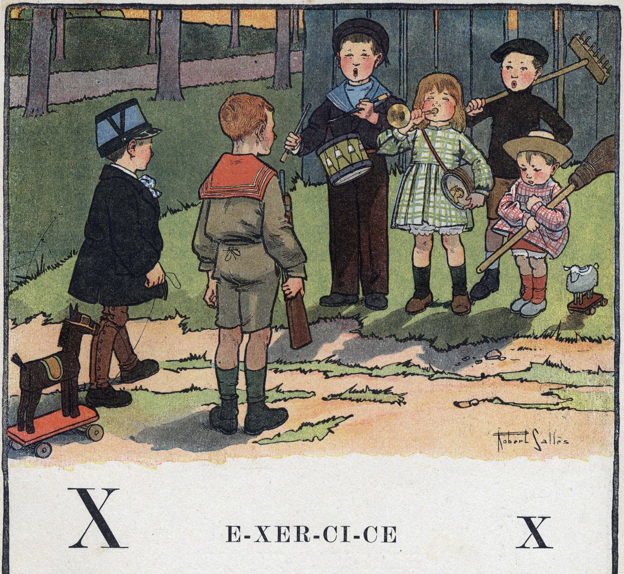 Gyermekkönyv „” El fogom olvasni – Módszeres és szórakoztató ábécé egy apától””” 1926. Illusztráció: Robert Salles (1871-1929). Abecedary: X betű gyakorlatként. A gyerekek katonát játszanak. alkotó: Robert Salles