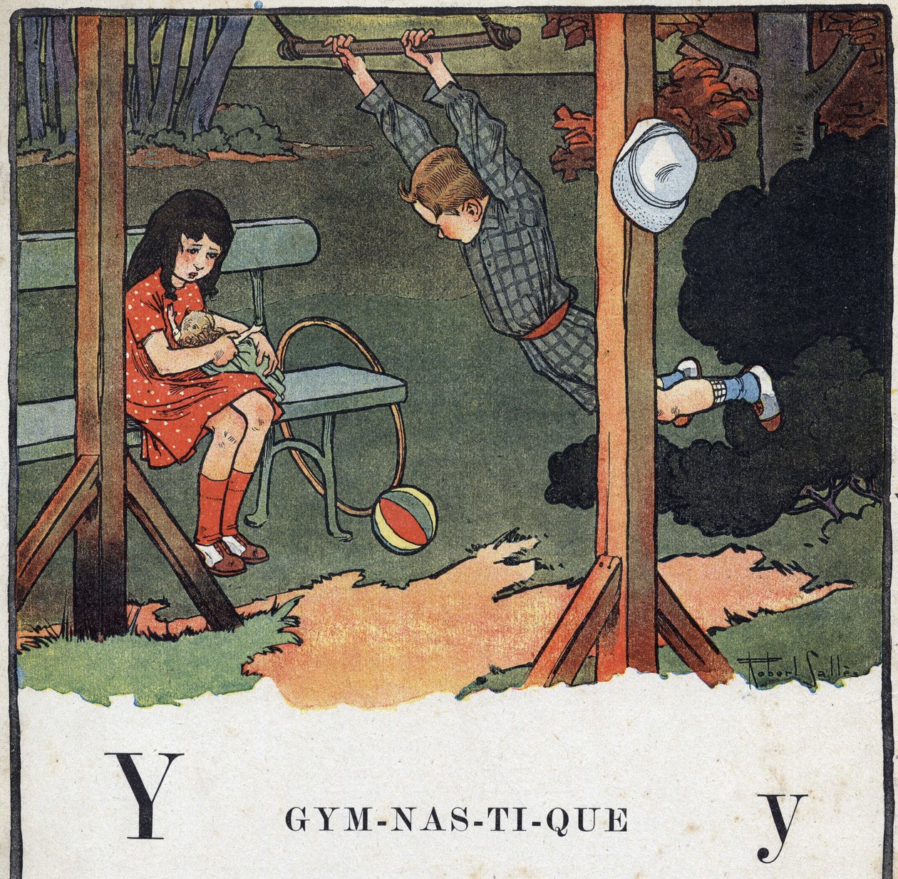 Gyermekkönyv „” El fogom olvasni – Módszeres és szórakoztató ábécé egy apától””” 1926. Illusztráció: Robert Salles (1871-1929). Abecedary: Y betű, mint a gimnasztika. Egy fiú trapéz, miközben egy lány babát játszik. alkotó: Robert Salles