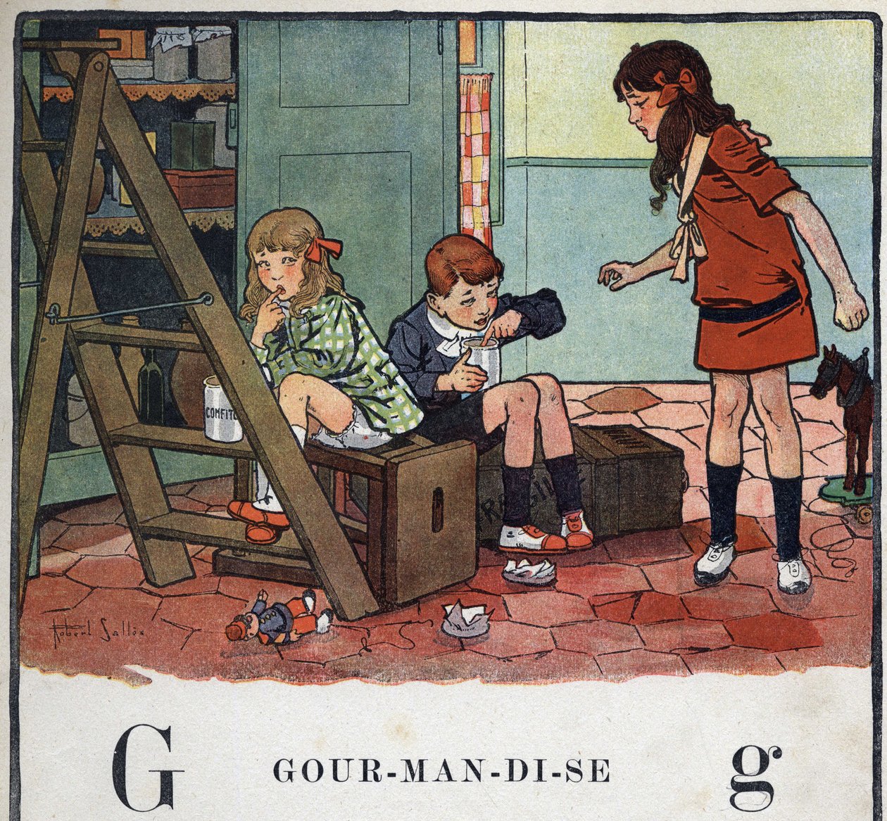 Gyermekkönyv „” El fogom olvasni – Módszeres és szórakoztató ábécé egy apától””” 1926. Illusztráció: Robert Salles (1871-1929). Abecedary: G betű mint Gourmandise. Lány és fiú evett kandírozott gyümölcsöt titokban. alkotó: Robert Salles