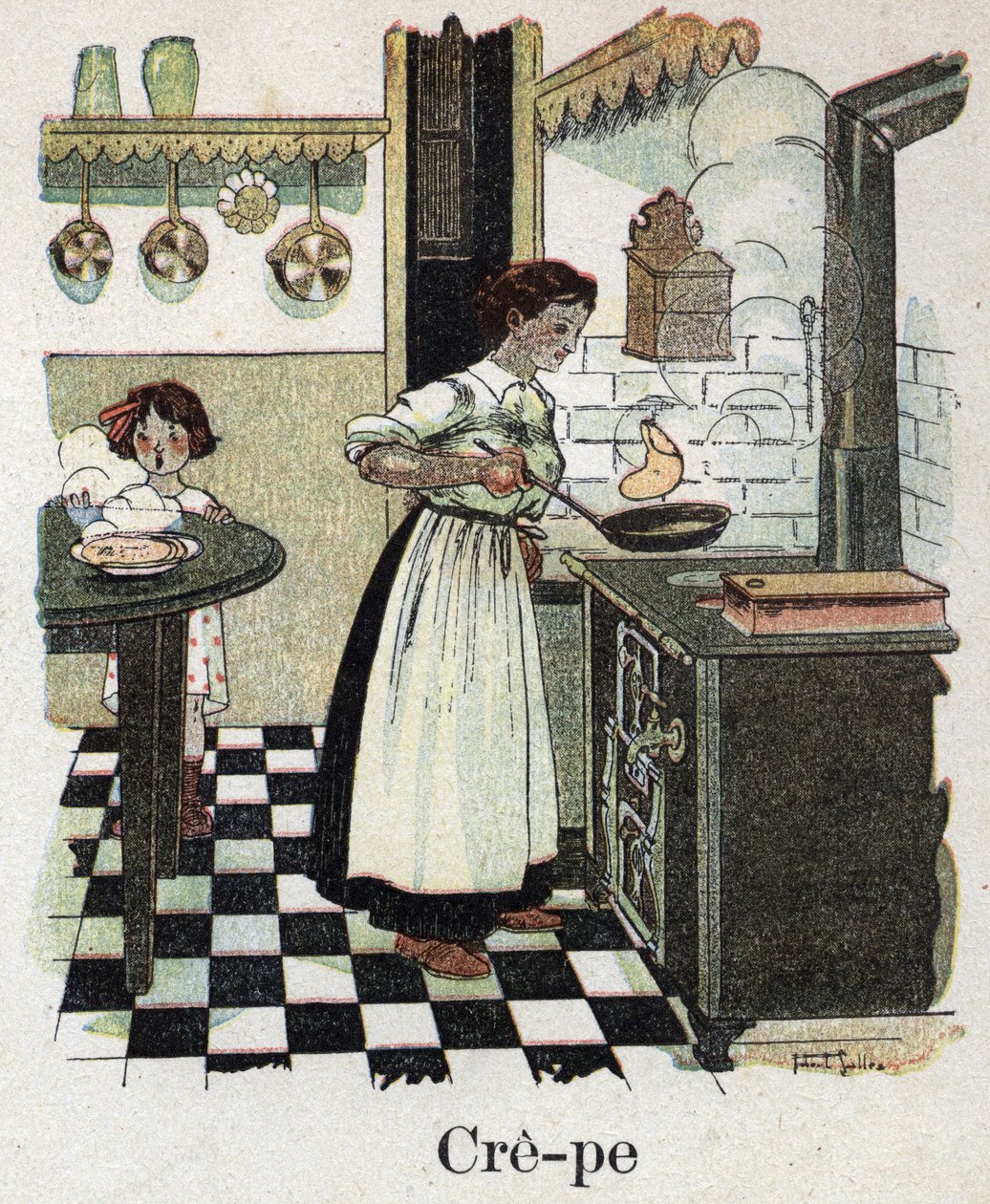Gyermekkönyv „” El fogom olvasni – Módszeres és szórakoztató ábécé egy apától””” 1926. Illusztráció: Robert Salles (1871-1929). Anya megfújja a palacsintát a serpenyőben. alkotó: Robert Salles