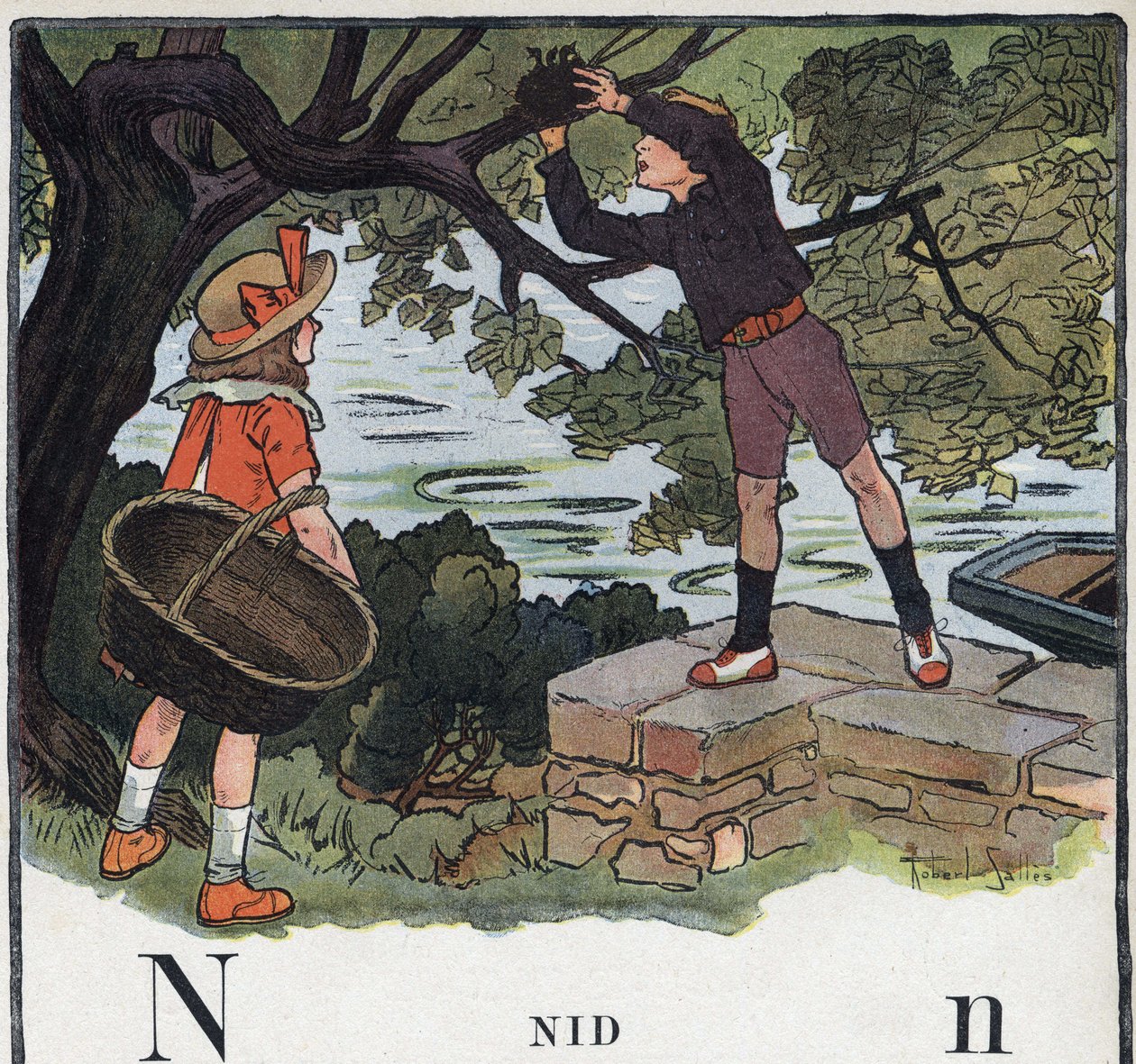 Gyermekkönyv „” El fogom olvasni – Módszeres és szórakoztató ábécé egy apától””” 1926. Illusztráció: Robert Salles (1871-1929). Abecedary: N betű, mint Nest. Egy fiú elvesz egy fára épített fészket. alkotó: Robert Salles