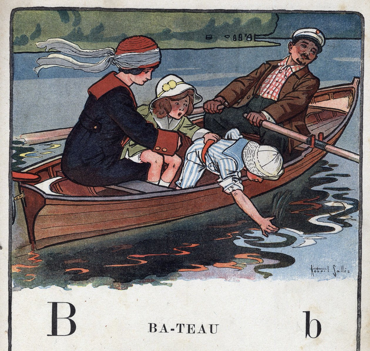 Gyermekkönyv „” El fogom olvasni – Módszeres és szórakoztató ábécé egy apától””” 1926. Illusztráció: Robert Salles (1871-1929). Abecedaire: B betű, mint Hajó. Egy család egy csónakban sétál. alkotó: Robert Salles