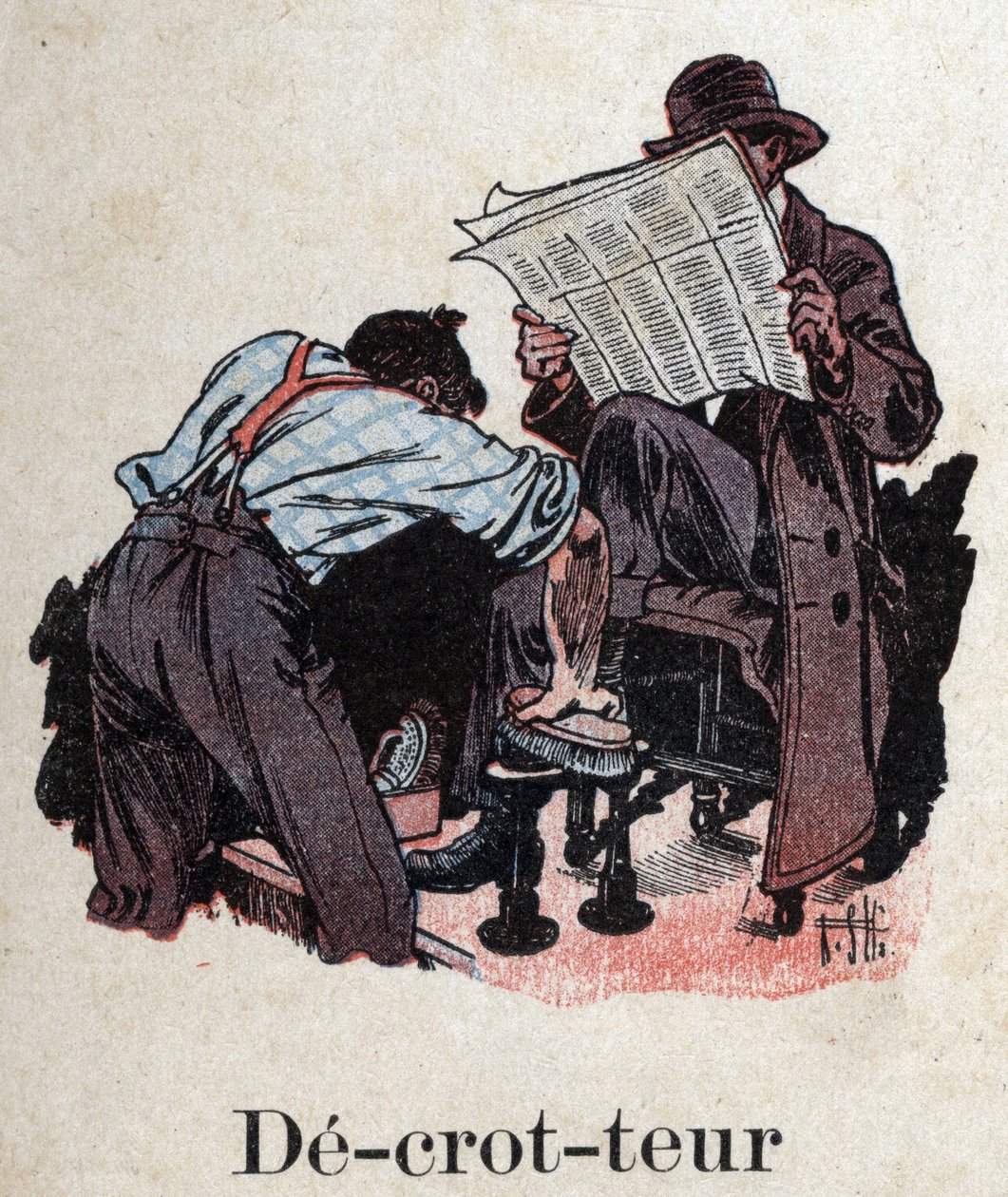 Gyermekkönyv „” El fogom olvasni – Módszeres és szórakoztató ábécé egy apától””” 1926. Illusztráció: Robert Salles (1871-1929). „” Decrotteur””: a cipőtisztító megtisztítja az újságot olvasó vásárló cipőjét. alkotó: Robert Salles