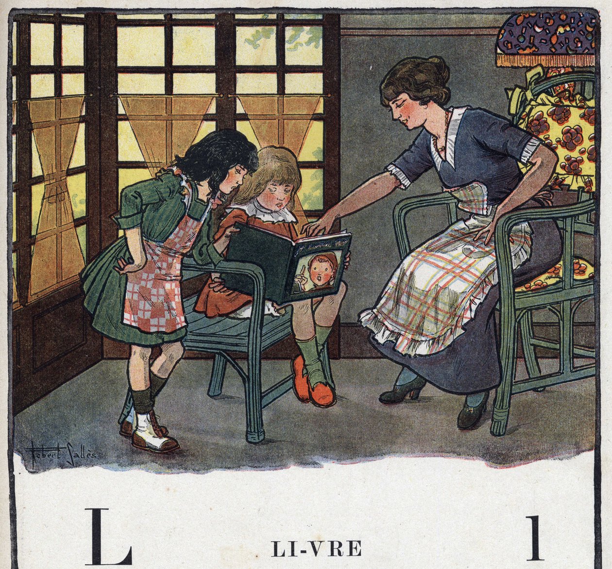Gyermekkönyv „” El fogom olvasni – Módszeres és szórakoztató ábécé egy apától””” 1926. Illusztráció: Robert Salles (1871-1929). Abecedary: L betű mint Könyv. Egy anya olvasni tanítja a lányát. alkotó: Robert Salles
