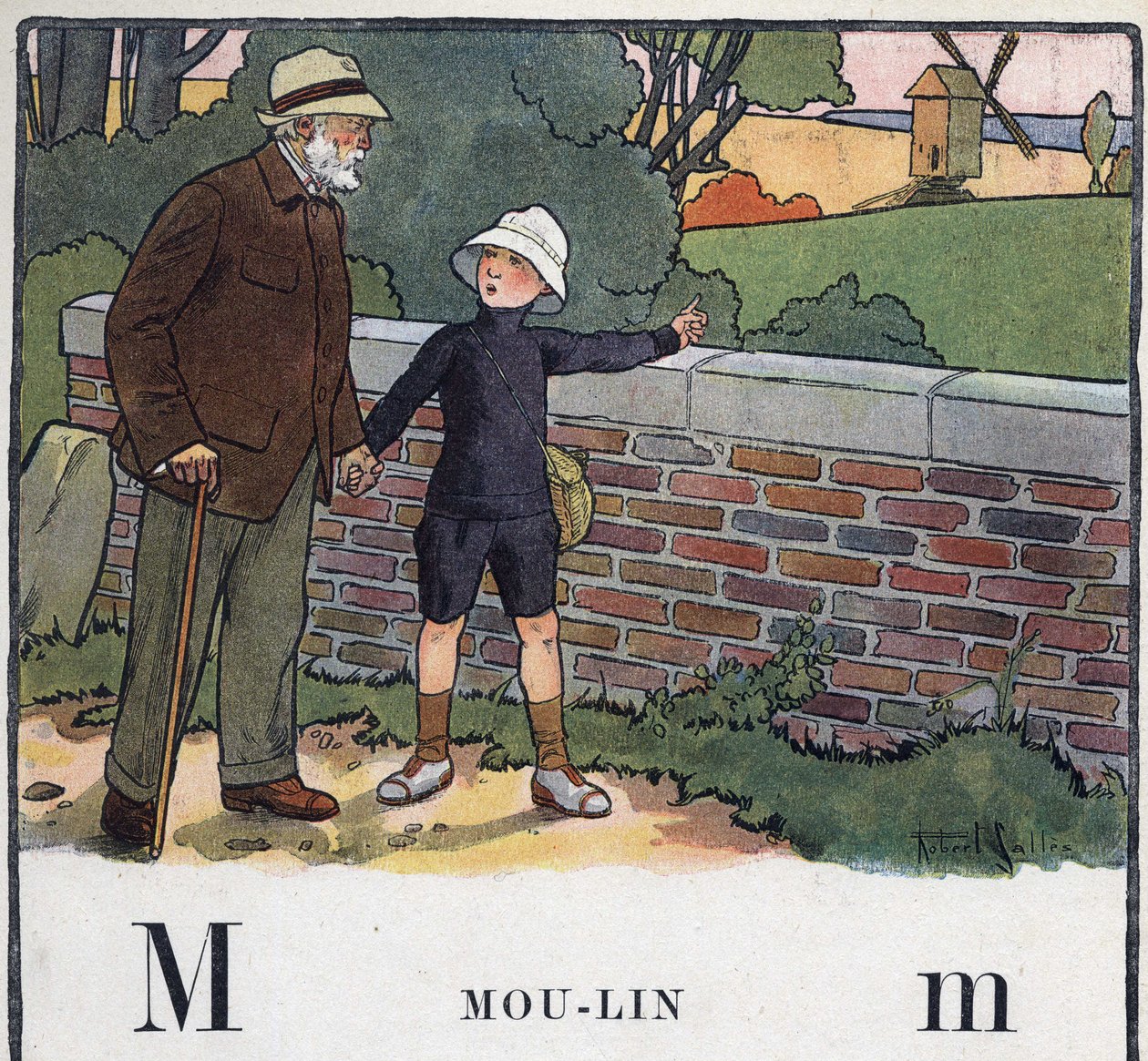 Gyermekkönyv „” El fogom olvasni – Módszeres és szórakoztató ábécé egy apától””” 1926. Illusztráció: Robert Salles (1871-1929). Abecedaire: M betű Moulin néven. Egy fiú sétál a nagyapjával. Egy szélmalomra mutat. alkotó: Robert Salles