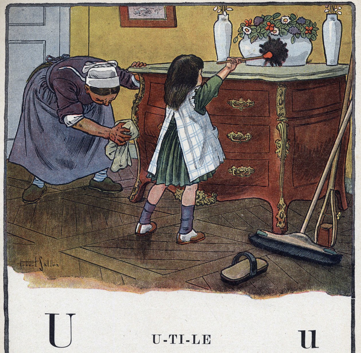Gyermekkönyv „” El fogom olvasni – Módszeres és szórakoztató ábécé egy apától””” 1926. Illusztráció: Robert Salles (1871-1929). Abecedary: U betű hasznos. Egy lány segít a takarításban és a port. alkotó: Robert Salles