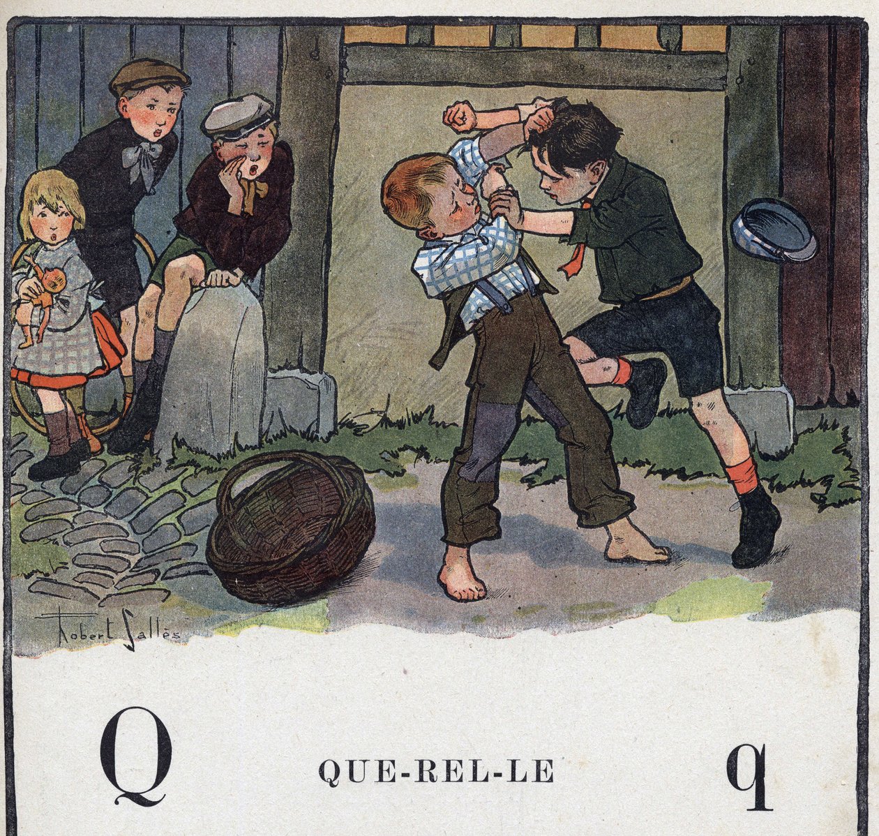 Gyermekkönyv „” El fogom olvasni – Módszeres és szórakoztató ábécé egy apától””” 1926. Illusztráció: Robert Salles (1871-1929). Abecedaire: Q betű, mint Querelle. Két fiú verekszik az udvaron. alkotó: Robert Salles