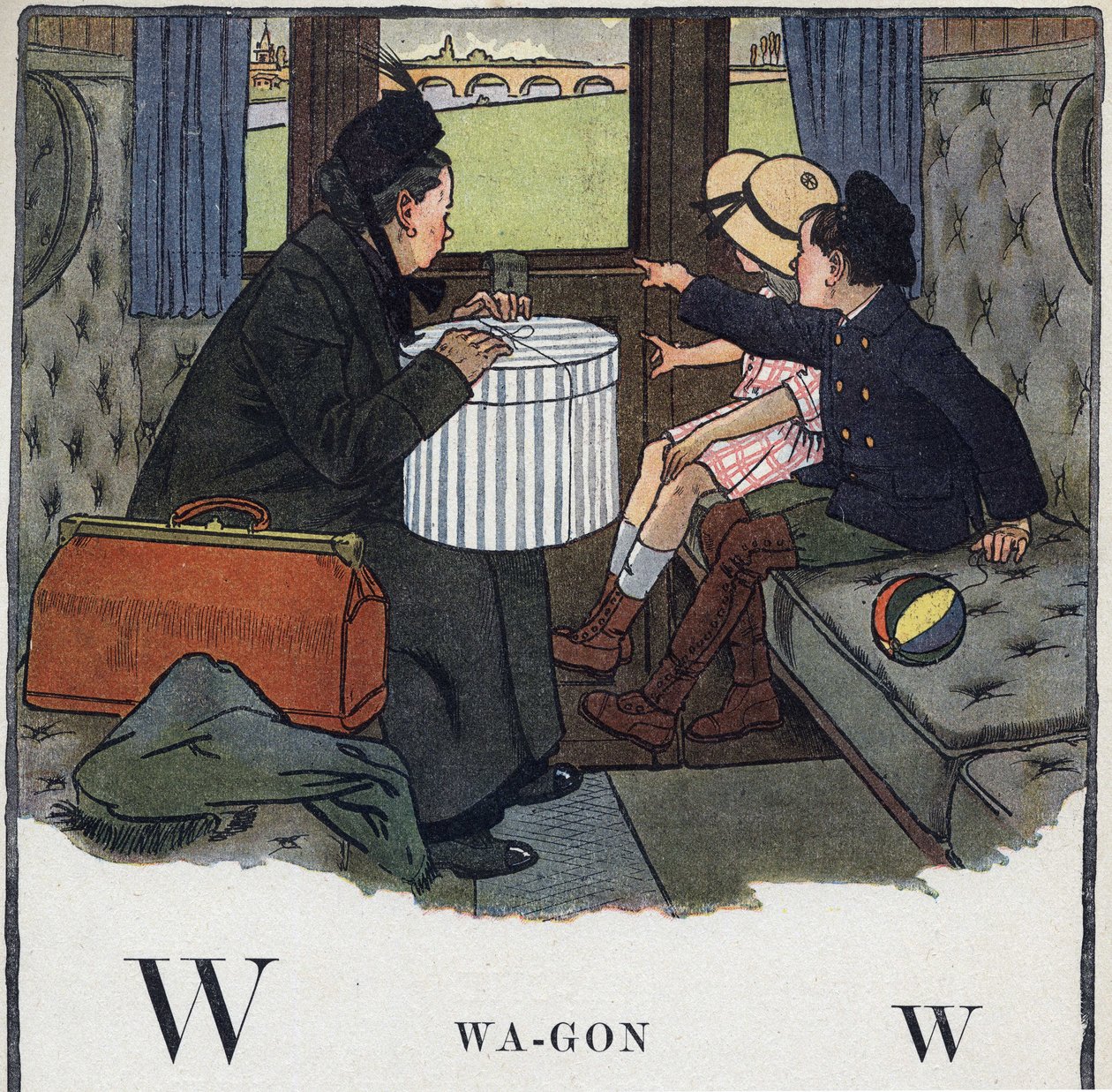 Gyermekkönyv „” El fogom olvasni – Módszeres és szórakoztató ábécé egy apától””” 1926. Illusztráció: Robert Salles (1871-1929). Abecedaire: W betű Wagonként. Két gyerek az anyjával utazik egy vonatfülkében. alkotó: Robert Salles