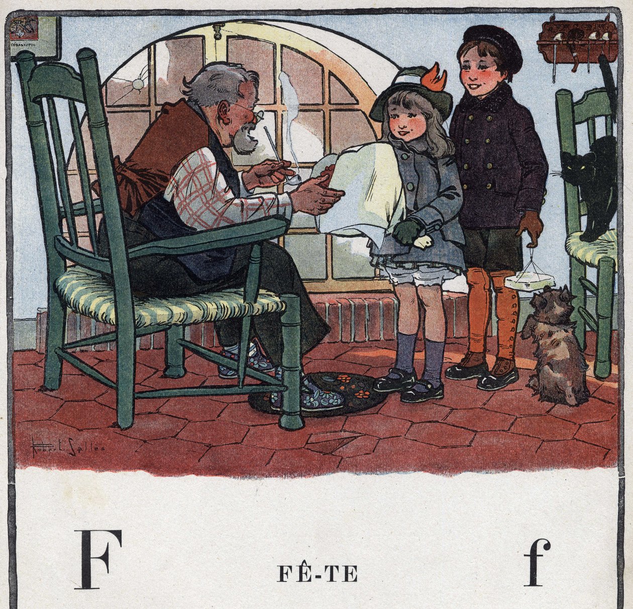 Gyermekkönyv „” El fogom olvasni – Módszeres és szórakoztató ábécé egy apától””” 1926. Illusztráció: Robert Salles (1871-1929). Abecedaire: F betű mint Fete. Egy lány és egy fiú ajándékot kínál a nagypapájuk partijára. alkotó: Robert Salles