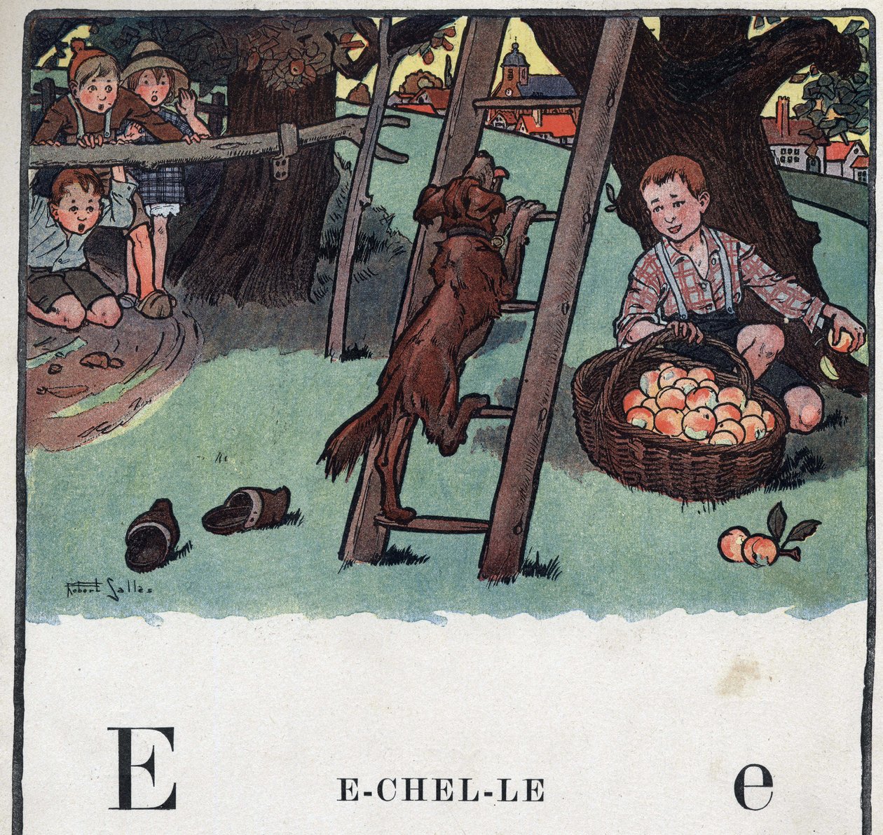 Gyermekkönyv „” El fogom olvasni – Módszeres és szórakoztató ábécé egy apától””” 1926. Illusztráció: Robert Salles (1871-1929). Abecedary: E betű mint skála. Egy kutya felmászik a létrára, és egy almafával szemben póz. alkotó: Robert Salles