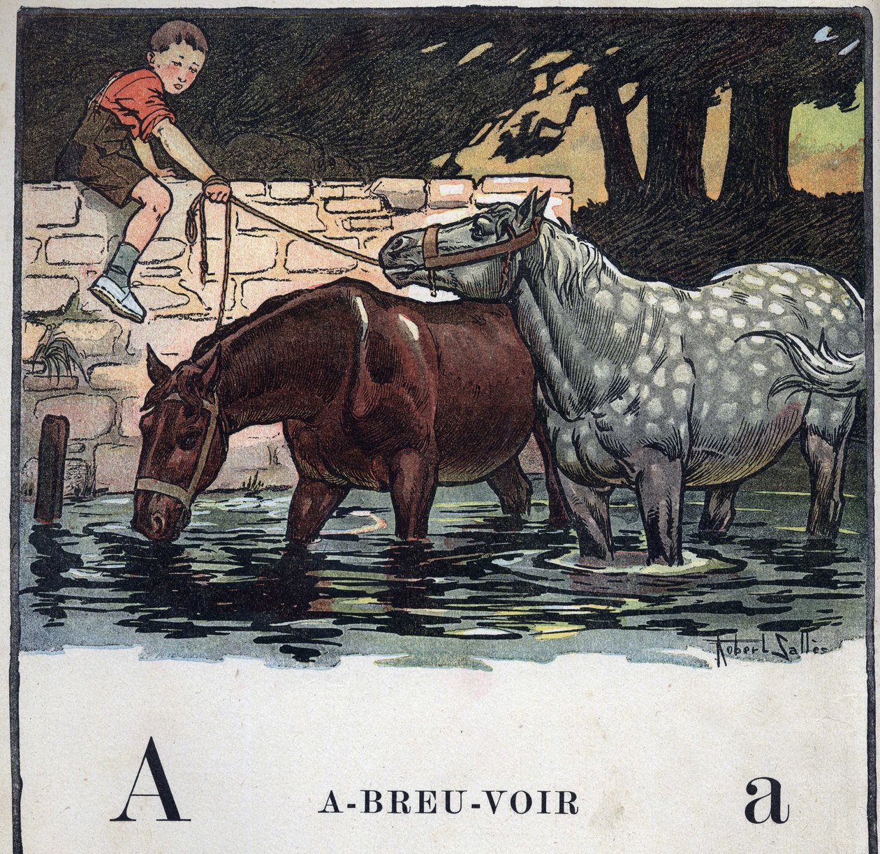 Gyermekkönyv „” El fogom olvasni – Módszeres és szórakoztató ábécé egy apától””” 1926. Illusztráció: Robert Salles (1871-1929). Abecedary: A betű mint ivóvíz. Két ló iszik vizet. alkotó: Robert Salles