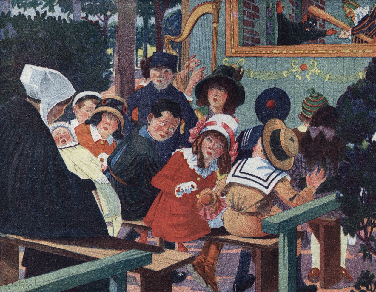 Bábelőadás: A guignol színházban a gyerekeket megzavarja egy síró baba. Illusztráció: Robert Salles (1871-1929) a „Je sais Lire” c. alkotó: Robert Salles