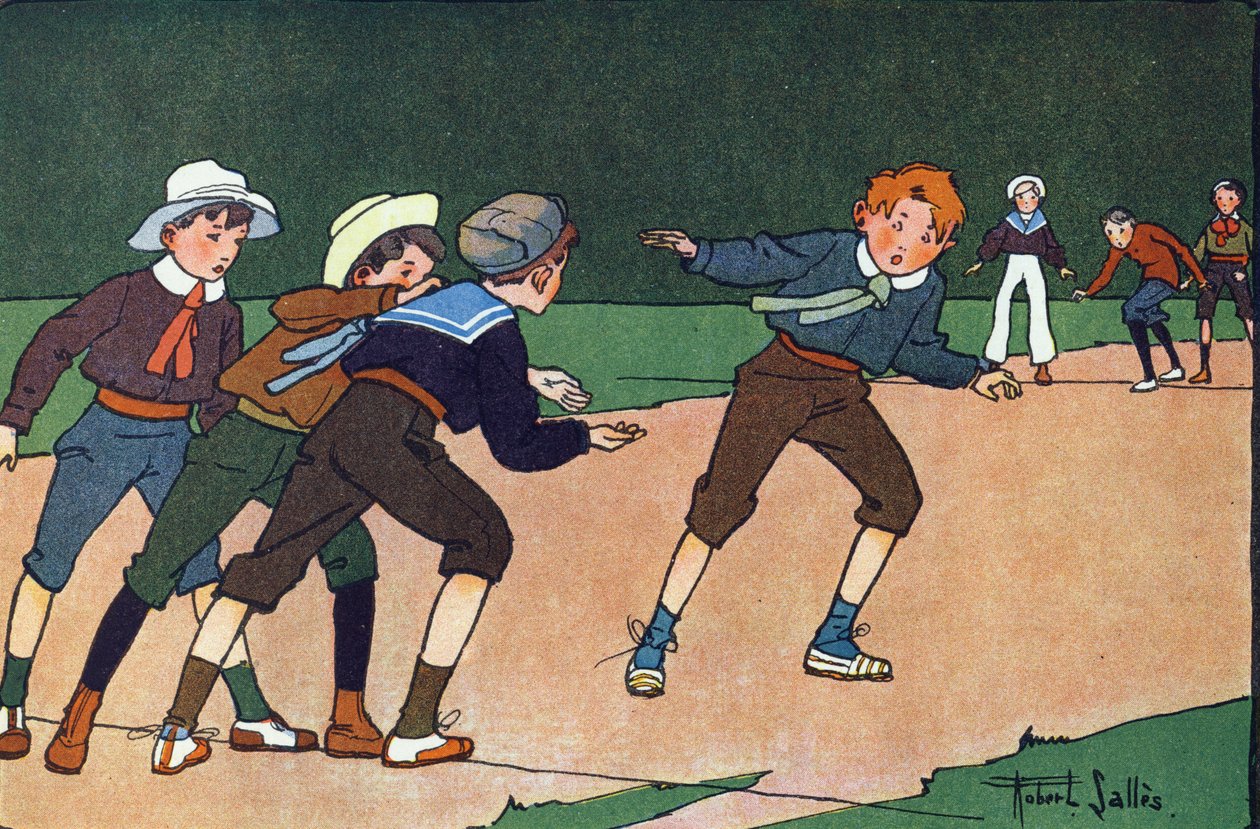 A rácsok (csapatjáték, amelyben diszkréten kell az ellentáborba menni, a földön húzott vonal szimbolizálja, hogy foglyul ejtsenek). Gravírozás „”-be Mit játszunk? E. Weber „” Robert Salles (1871-1929) akvarell rajzaival. Librairie Garnier alkotó: Robert Salles