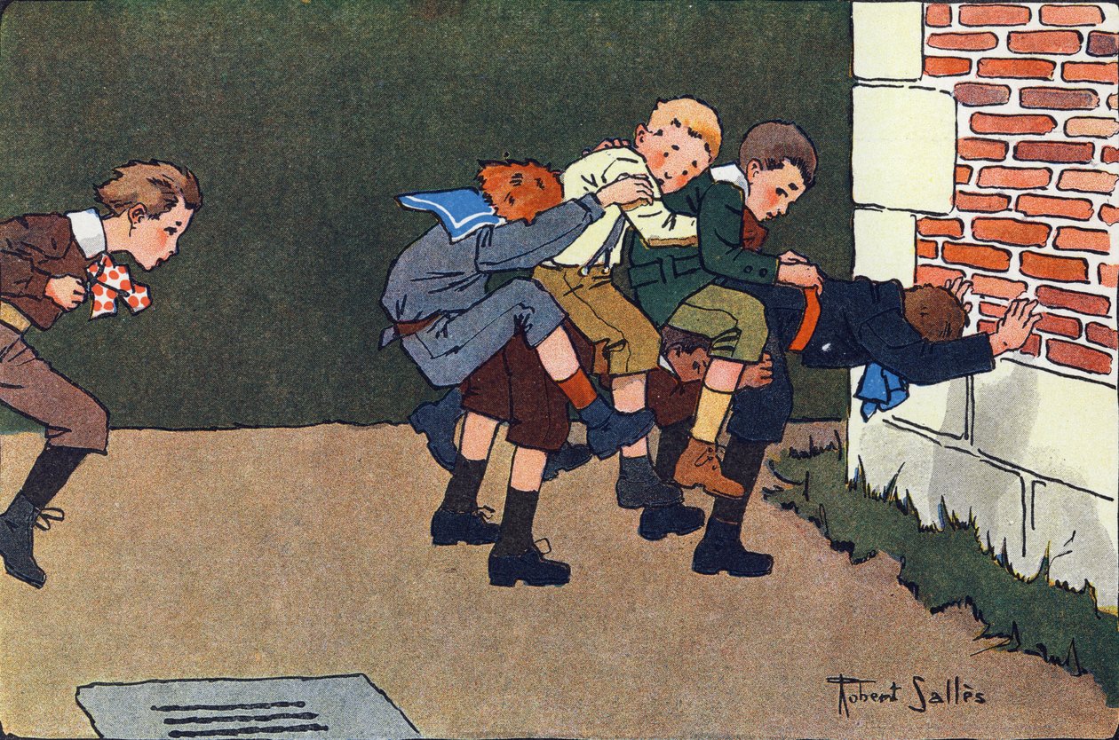 A ló elolvadt (amikor ugrik, egy másik gyerek hátára kell ugrani egy kalihurchont anélkül, hogy a többieket megütögetné). Gravírozás „”-be Mit játszunk? E. Weber „” Robert Salles (1871-1929) akvarell rajzaival. Librairie Garnier Frere alkotó: Robert Salles