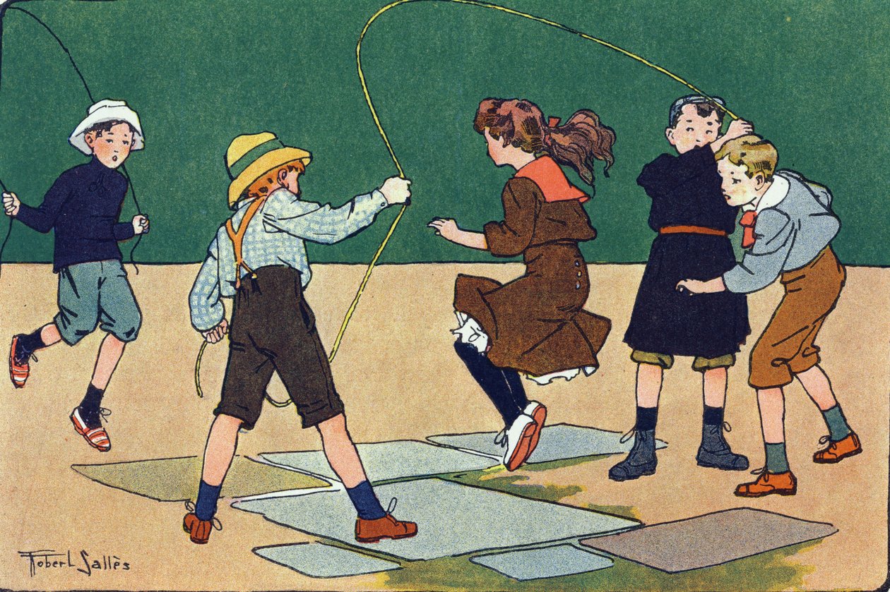 Az ugrásnál van a kötél. Gravírozás „”-be Mit játszunk? E. Weber „” Robert Salles (1871-1929) akvarell rajzaival. Librairie Garnier Freres, Párizs alkotó: Robert Salles