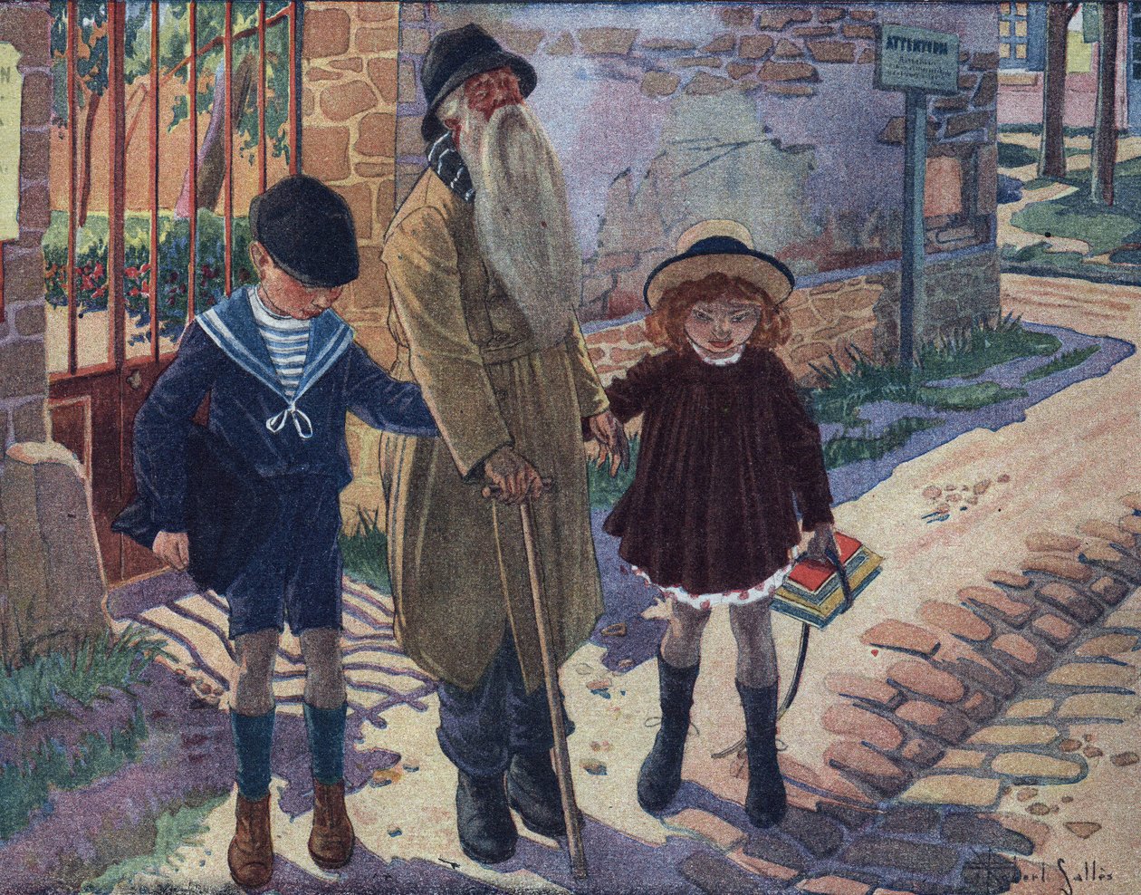 A vak botja: két gyerek segít járni egy vak öregnek. Illusztráció: Robert Salles (1871-1929) a „Je sais Lire” c. alkotó: Robert Salles