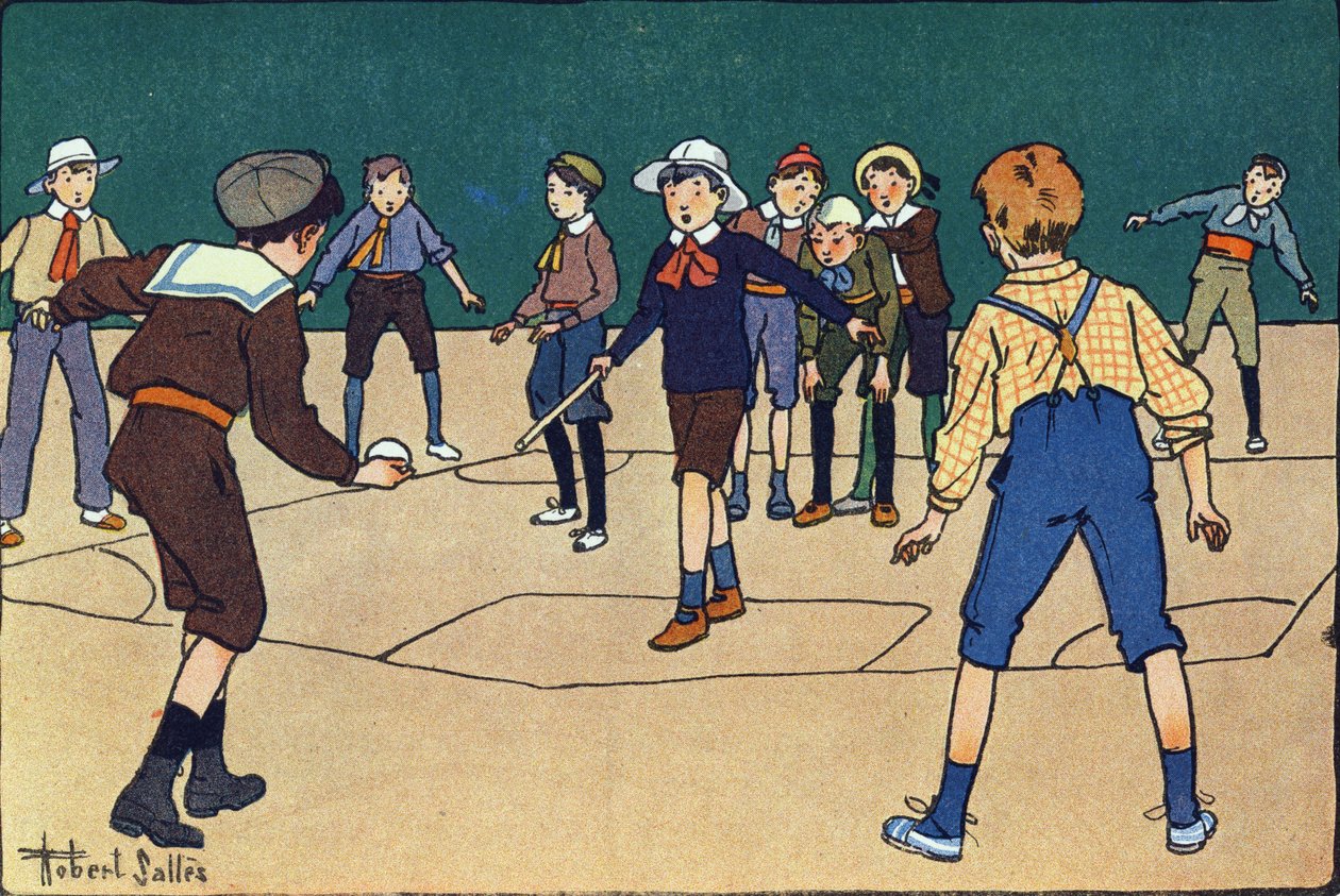 Theque (csapatjáték labdával és bottal). Gravírozás „”-be Mit játszunk? E. Weber „” Robert Salles (1871-1929) akvarell rajzaival. Librairie Garnier Freres, Párizs alkotó: Robert Salles