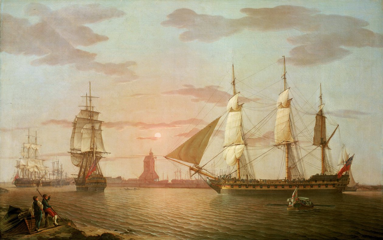 A "Warley" indián hajó, a Brit Kelet-indiai Társaság egyik legfontosabb hajója, három pozícióban, Blackwallnál (Anglia). alkotó: Robert Salmon