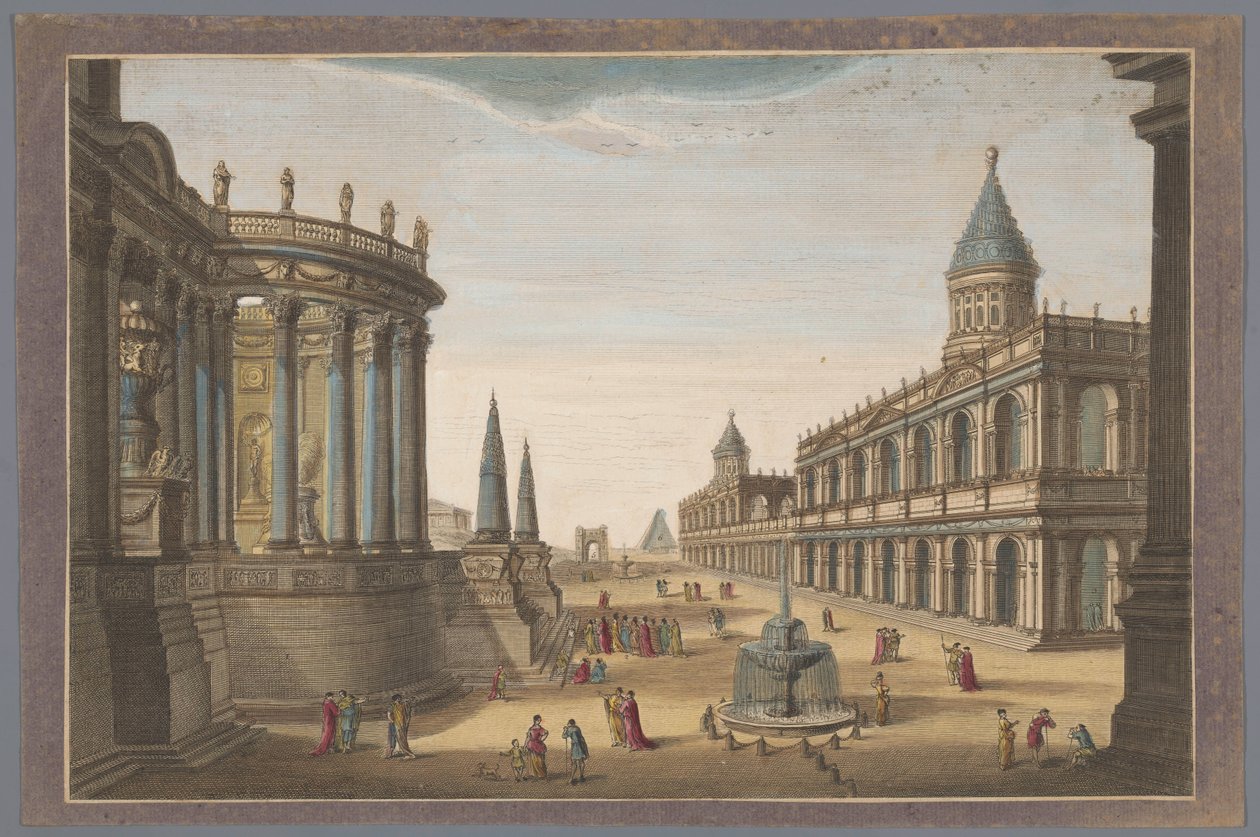 Kilátás a Vesta-templomra, a Cestius-piramisra és más római épületekre Róma eredeti pompájában (cím a tárgyon) alkotó: Robert Sayer (possibly)