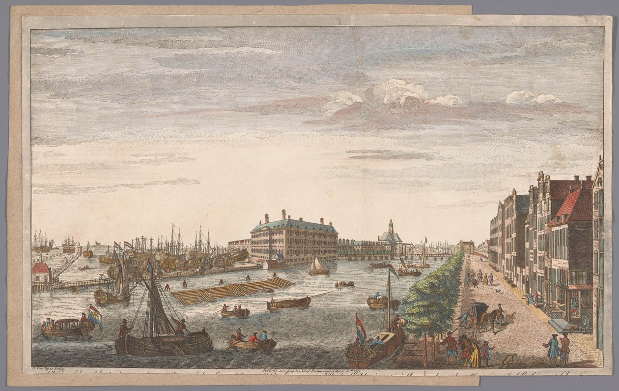 Gezicht op het Admiraliteitsmagazijn te Amsterdam Kilátás az amszterdami Admiralitásra, a hozzá tartozó üzletházakra, rakpartokra és kikötőkre, valamint a Holland Kelet-Indiai Társaságra (cím a tárgyon) alkotó: Robert Sayer (possibly)