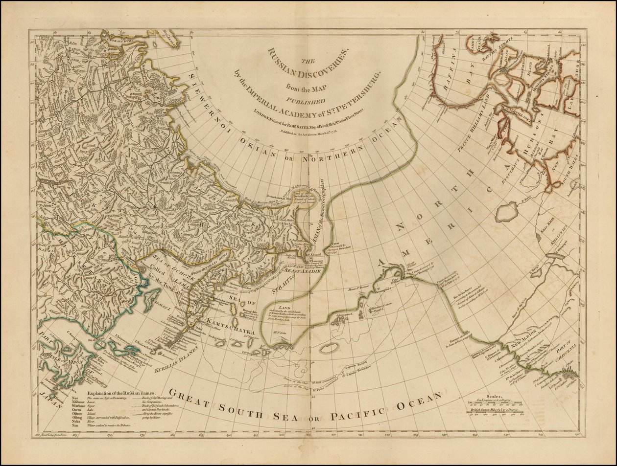 1775-ös térkép - Az orosz felfedezések, a Szentpétervári Császári Akadémia által kiadott térképből. alkotó: Robert Sayer