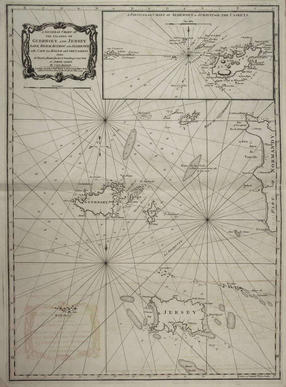 Guernsey és Jersey, Sark, Herm, Jethou és Alderney szigeteinek általános térképe, a Hágai-fok és a Casket-szigetek térképével. alkotó: Robert Sayer