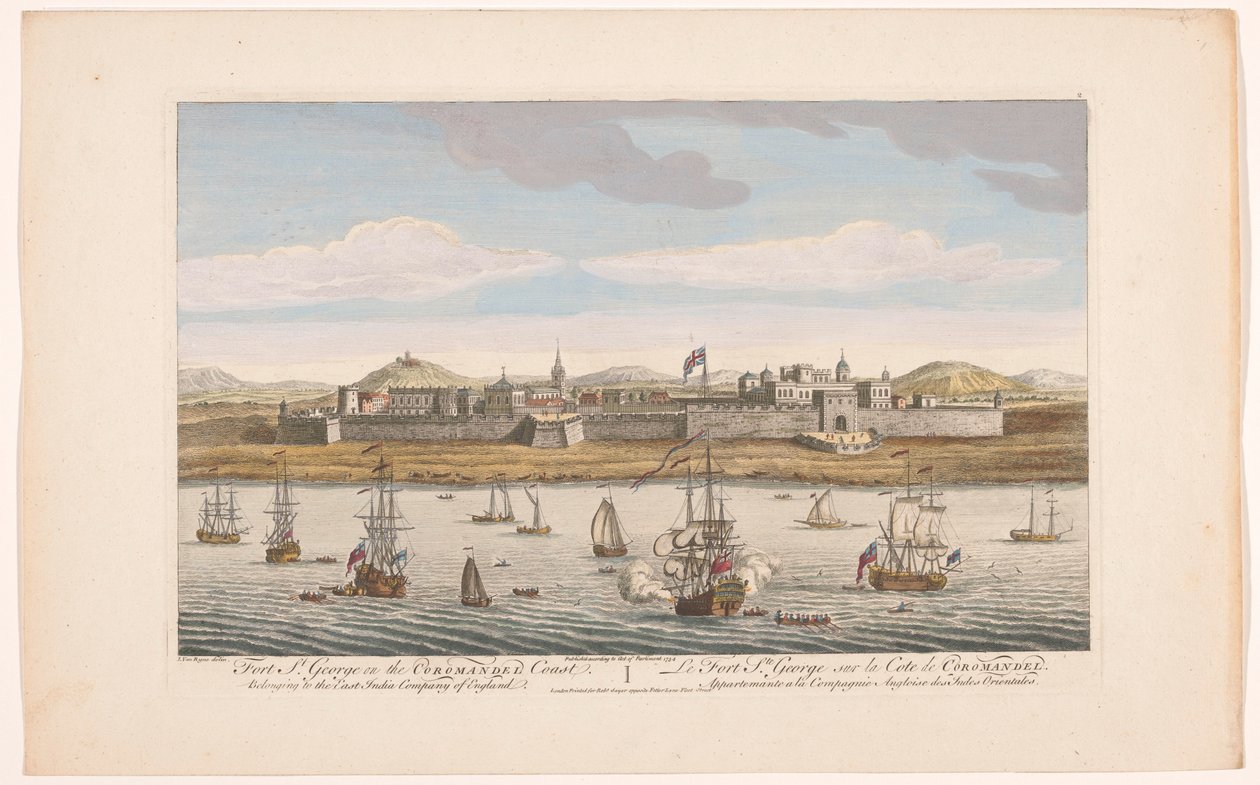 Kilátás a Madras-i Szent György-erődre Szent György-erőd a Coromandel-parton. Az angliai East India Company tagja (cím a tárgyon) A VOC települései (sorozat címe) alkotó: Robert Sayer