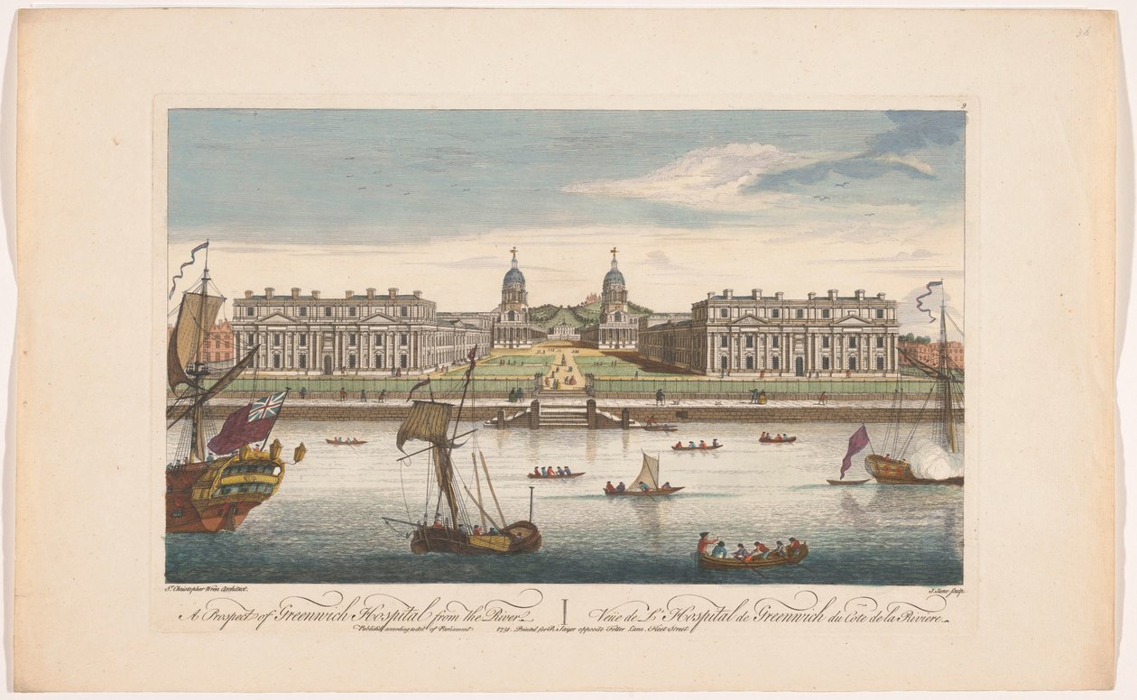 Kilátás a Greenwich Kórházra a Temze folyón Greenwichben A Greenwich Kórház kilátása a folyó felől (cím az objektumon) London (sorozat címe) alkotó: Robert Sayer