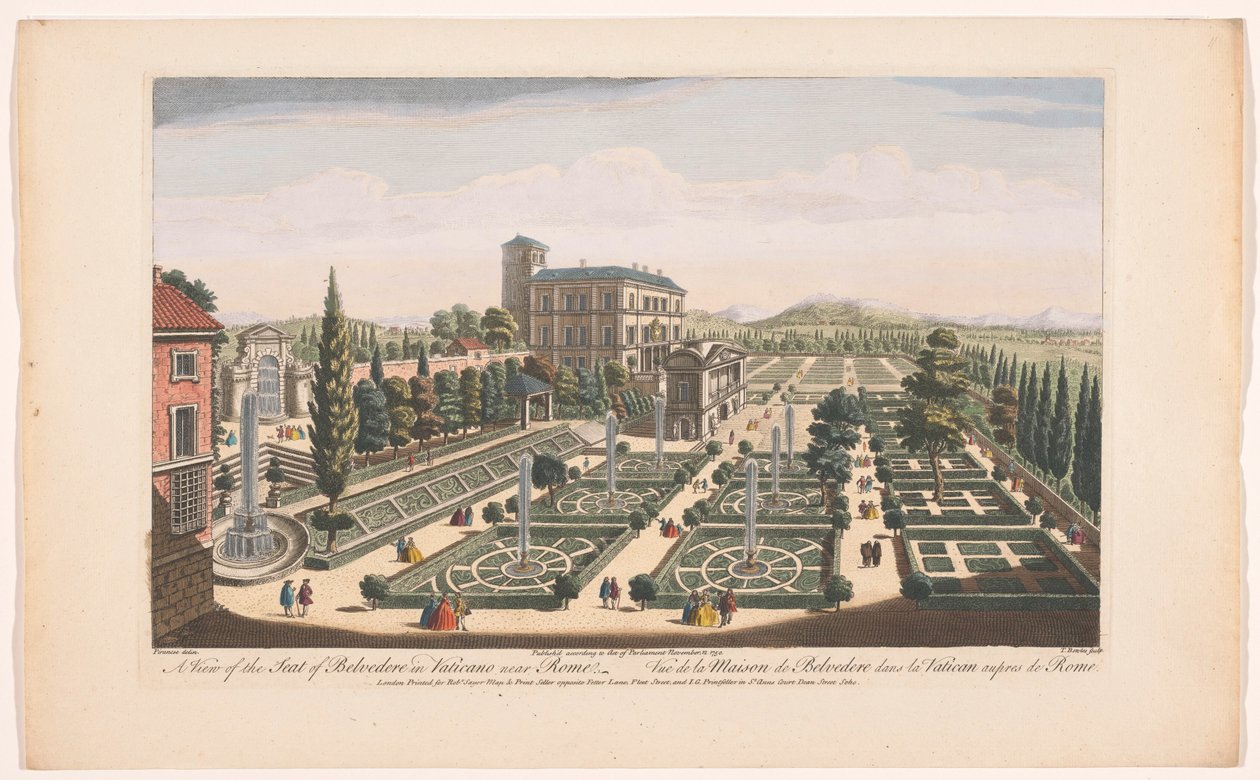 Kilátás a Giardini Vaticanira a Vatikánvárosban Kilátás a Róma melletti Vaticano Belvedere székhelyére (cím a tárgyon) Róma (sorozat címe) alkotó: Robert Sayer