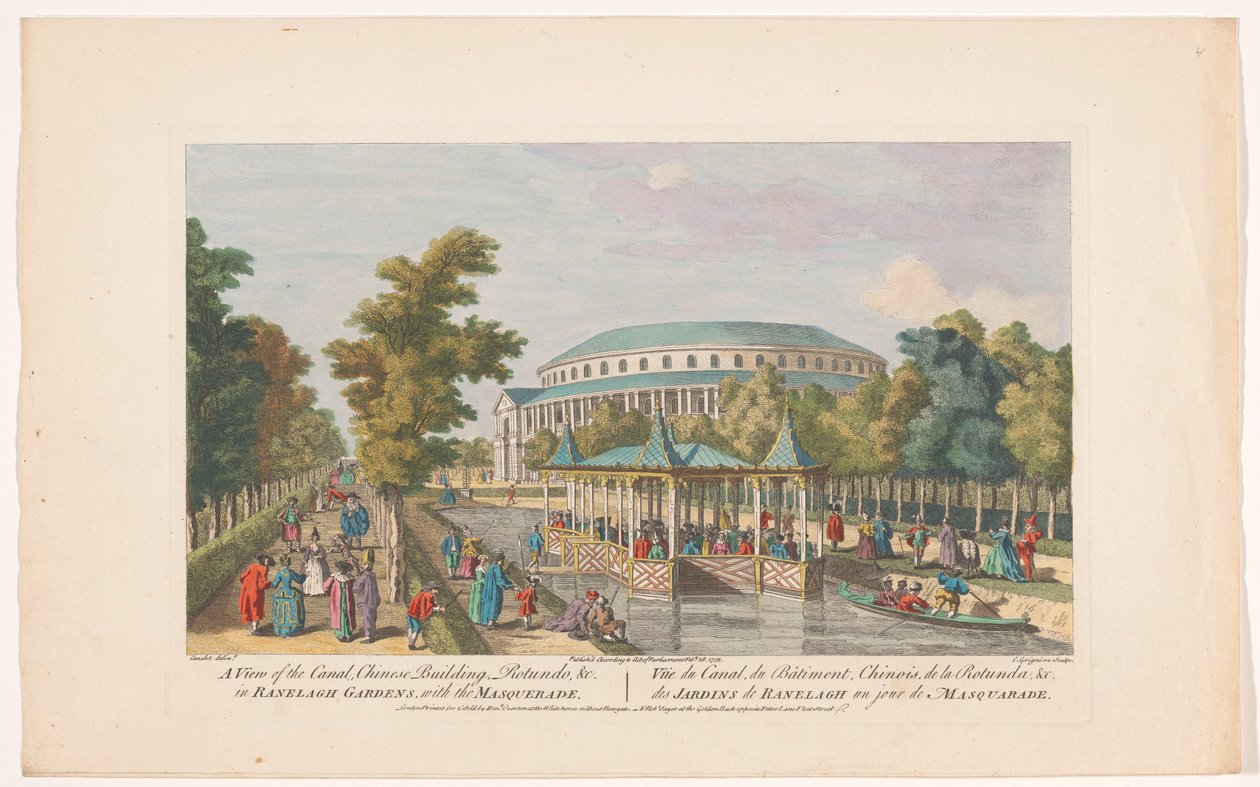 Kilátás a Rotundára és a kínai pavilonra a csatornán a londoni Ranelagh Gardens-ben álarcosbállal Kilátás a csatornára, kínai épületre, Rotundóra stb. a Ranelagh Gardensben, az álarcossal (cím a tárgyon) Ranelagh Gardens és Vauxhall G alkotó: Robert Sayer