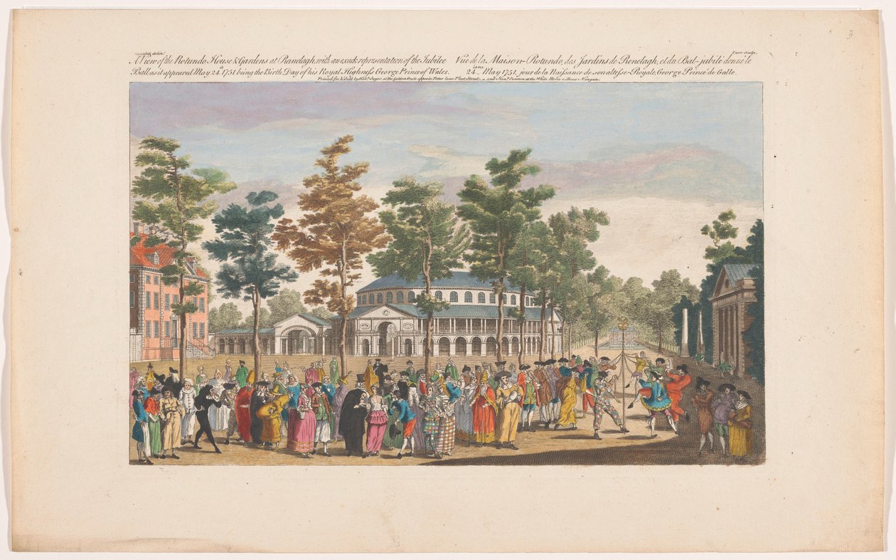 Kilátás a Rotundára a londoni Ranelagh Gardensben álarcosbállal a walesi herceg születésnapja alkalmából 1751. május 24-én A ranelagh-i Rotundo, House & Gardens kilátása, a jubileumi bál pontos ábrázolásával. alkotó: Robert Sayer